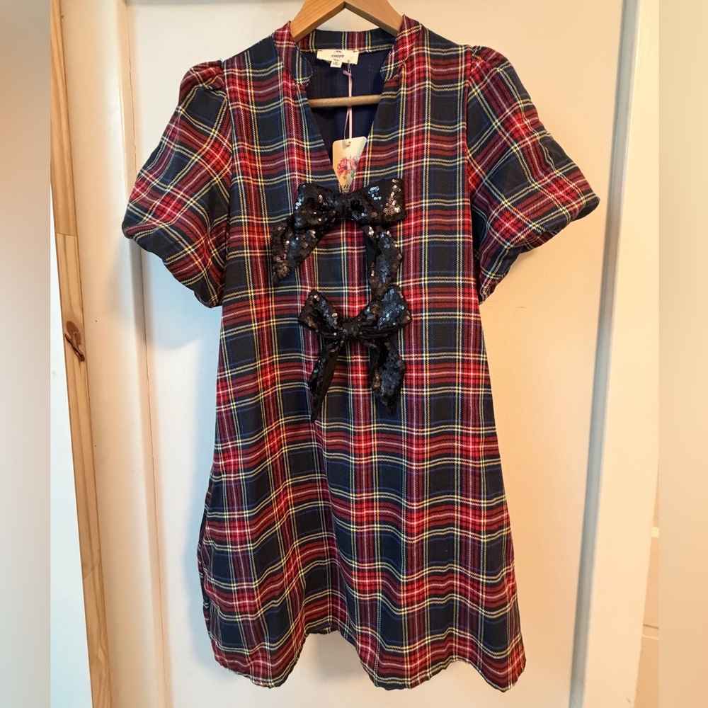 entro Red and Navy Plaid Mini Dress with Sequin Bow Accent